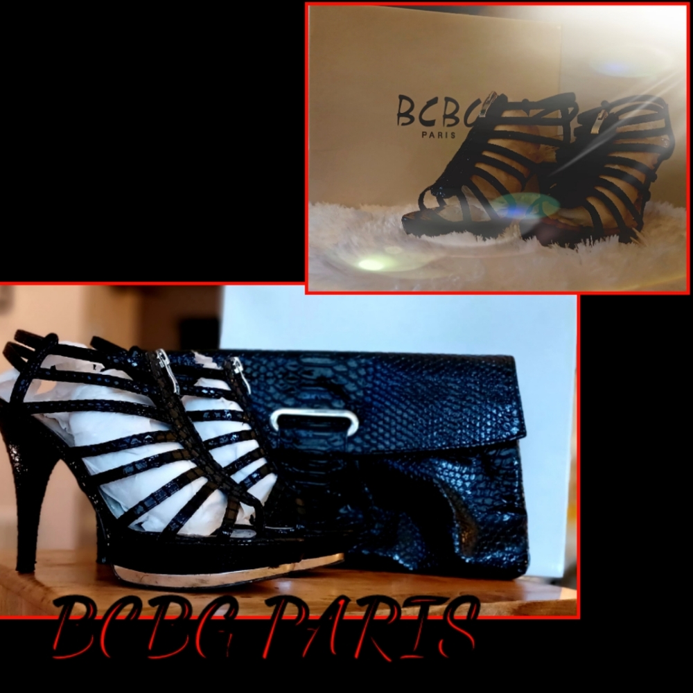 8.5 BCBG Paris)  Black Shiny Snake Skin Strappys Stiletto!